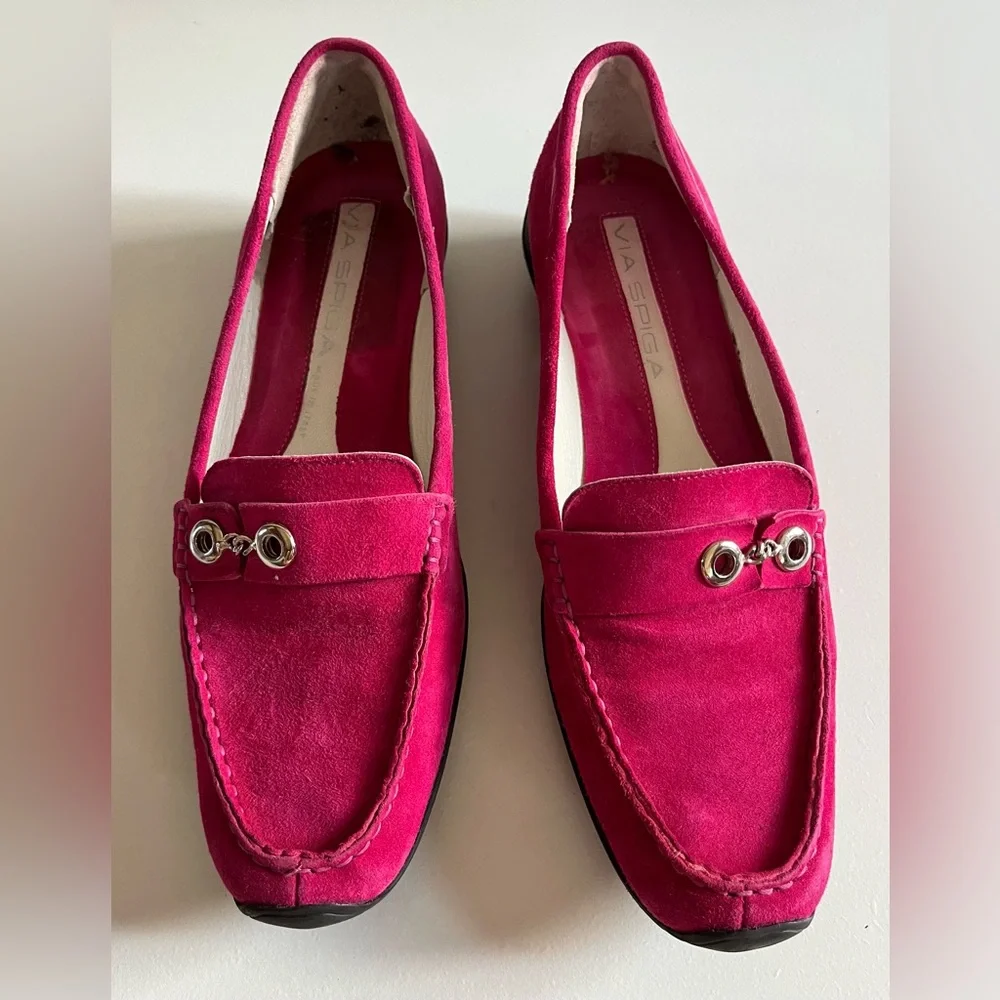 - Via Spiga pink suede slip on loafers w/soft soles-slight heel-size 8